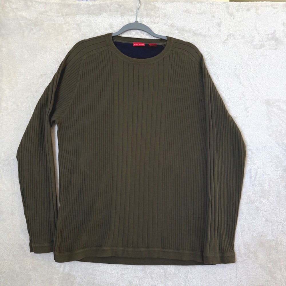 Pure Stuff Mens XL Organic Cotton Ribbed Knit Long Sleeve Crewneck Sweater Olive